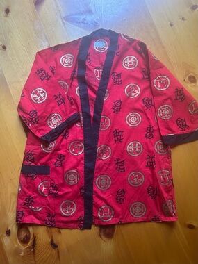 Vintage Red Cotton Kimono Jacket with Black Trim